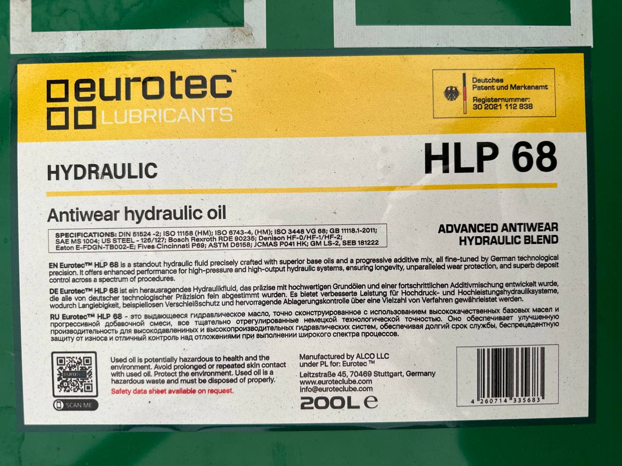 Eurotec Hydraulic Oil HLP 68 (200L)